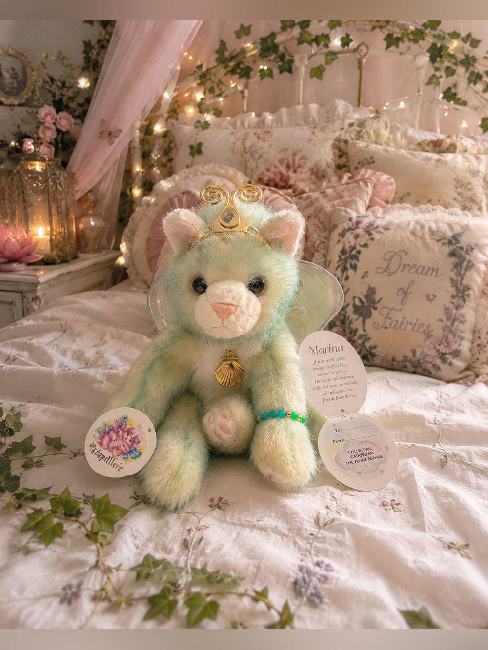 Vintage Y2K Catapillers Fairy Cat Plush Toy Stuffed Animal with Crown Jewels NWT